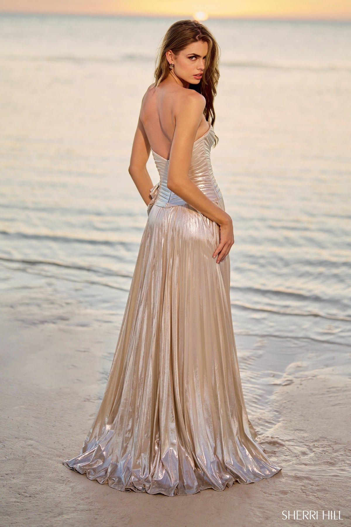 Sherri Hill 56026 strapless pleated metallic gown
