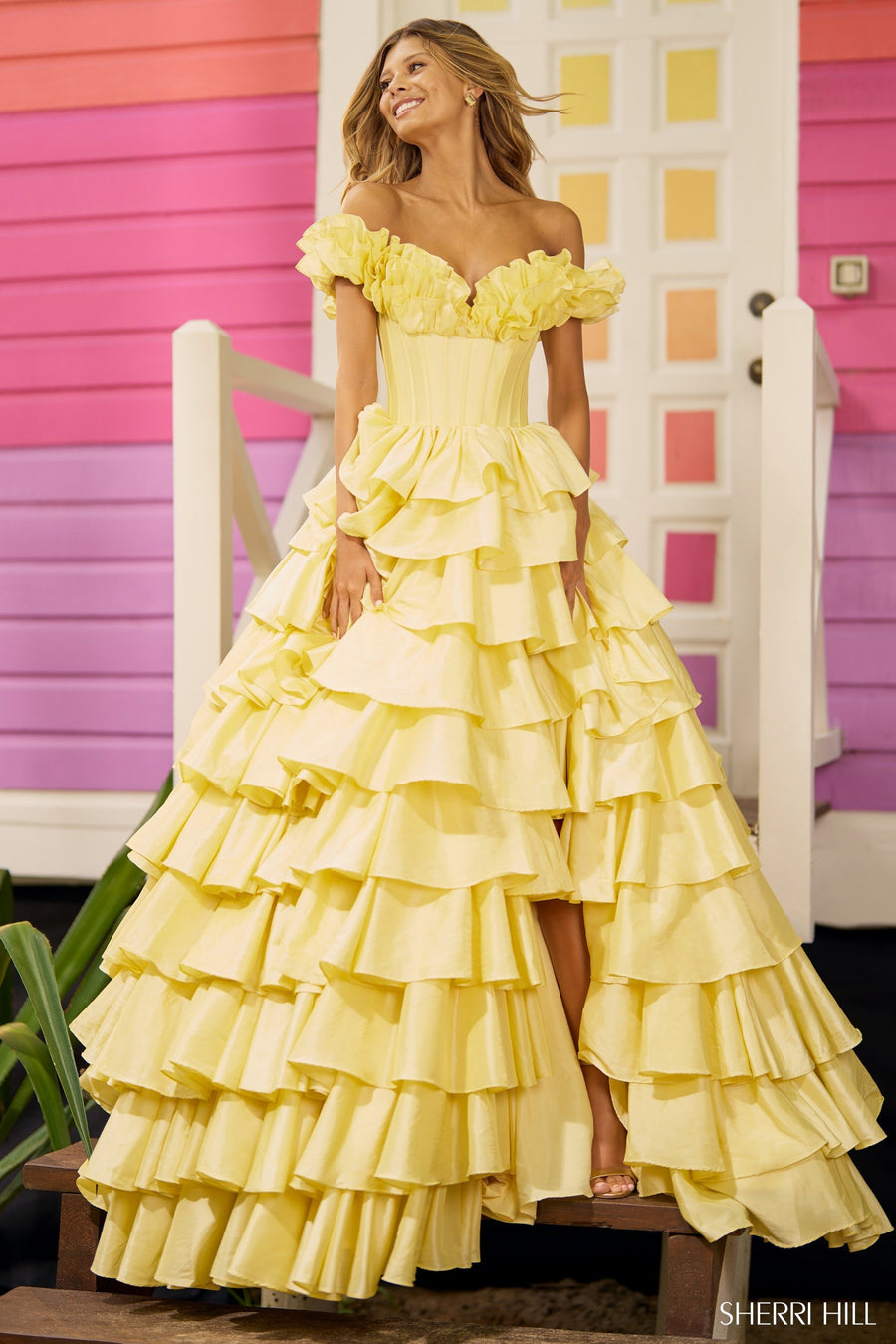 Sherri Hill style 56039 in black, Taffeta Ruffle Off the Shoulder Ball Gown