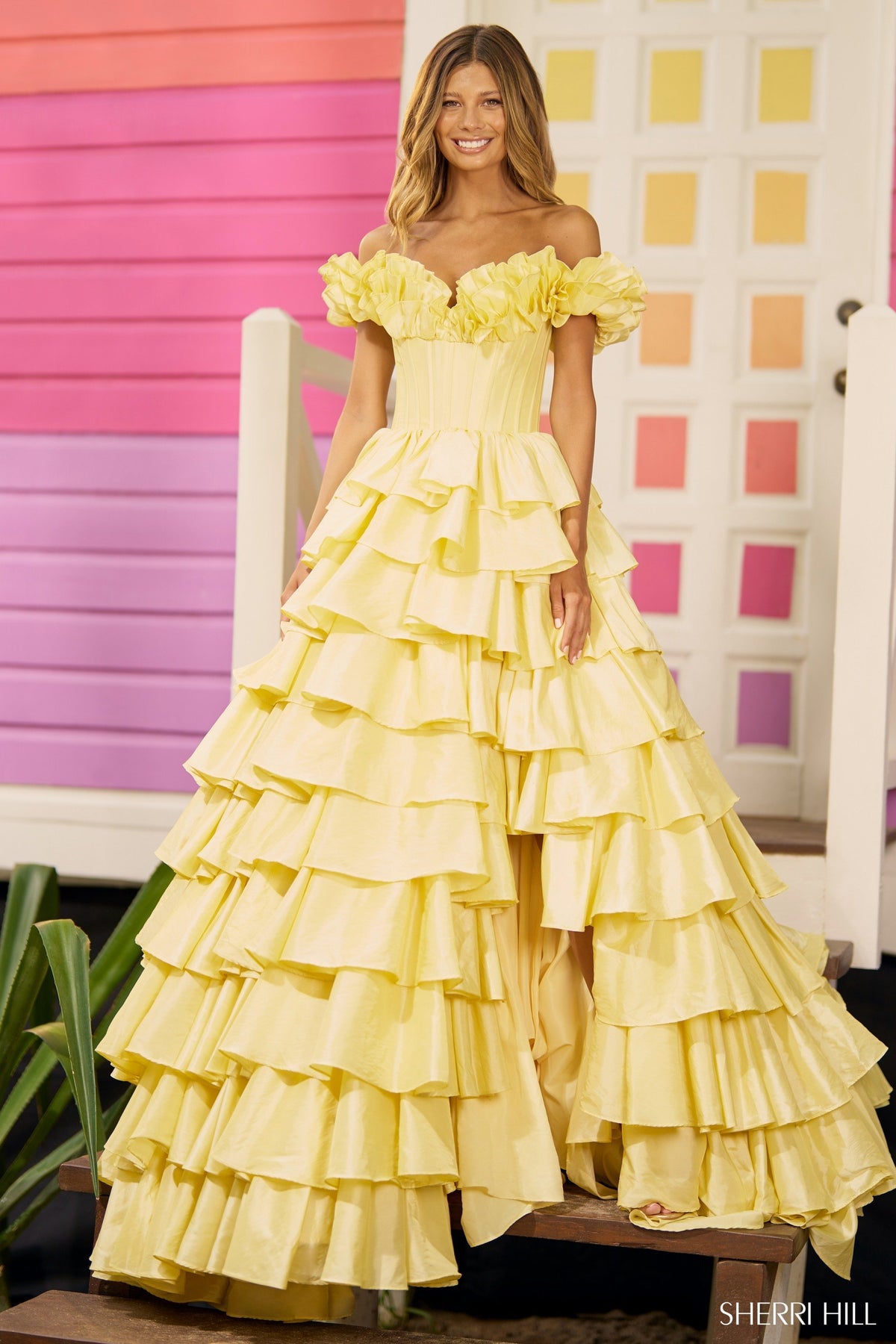 Sherri Hill 56039 taffeta ruffle off the shoulder ball gown in yellow