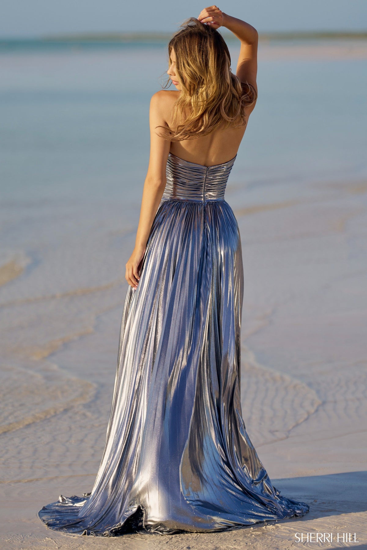 Sherri Hill 56065 pleated metallic strapless gown