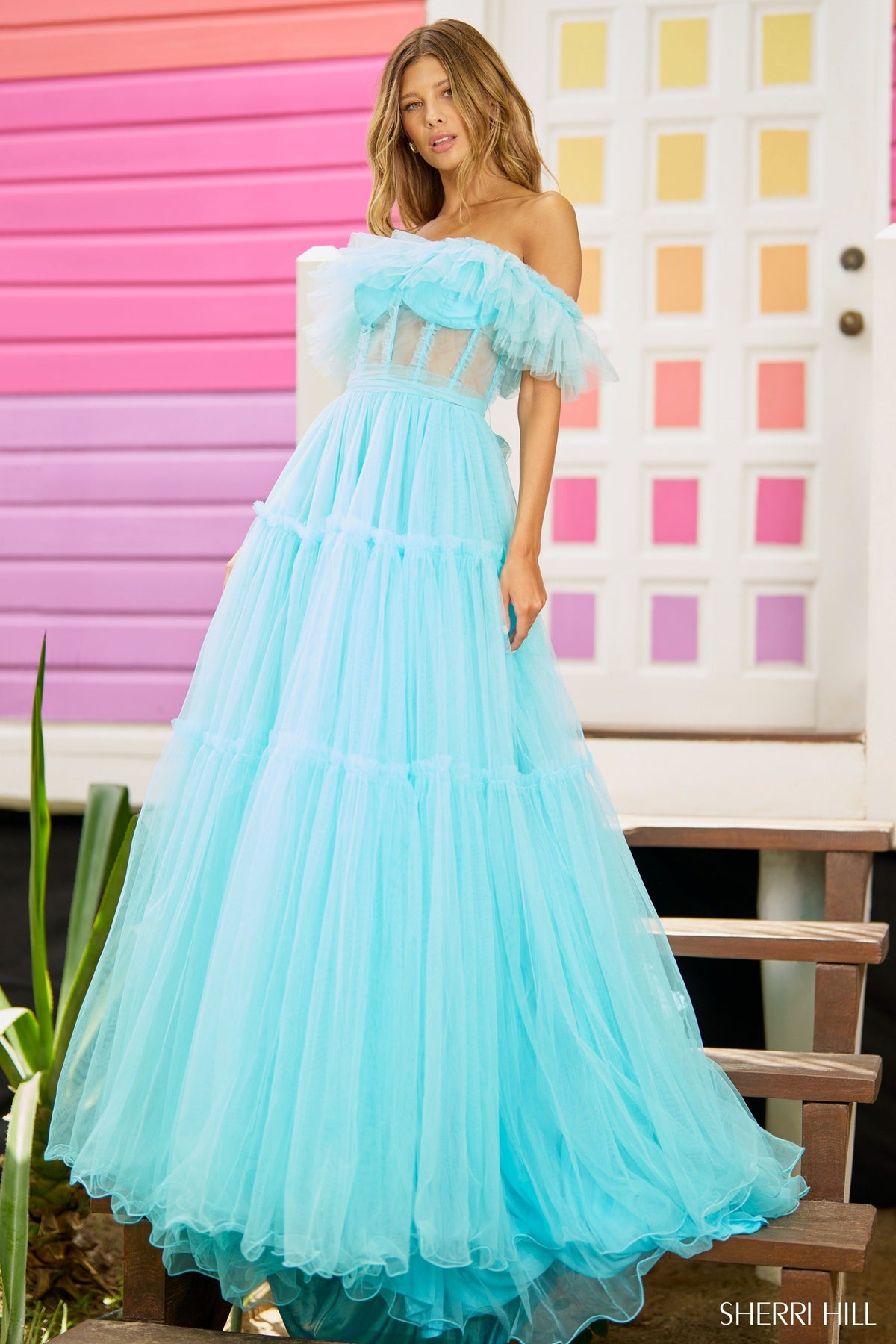 Sherri Hill 56068 tulle A-line off the shoulder gown in aqua