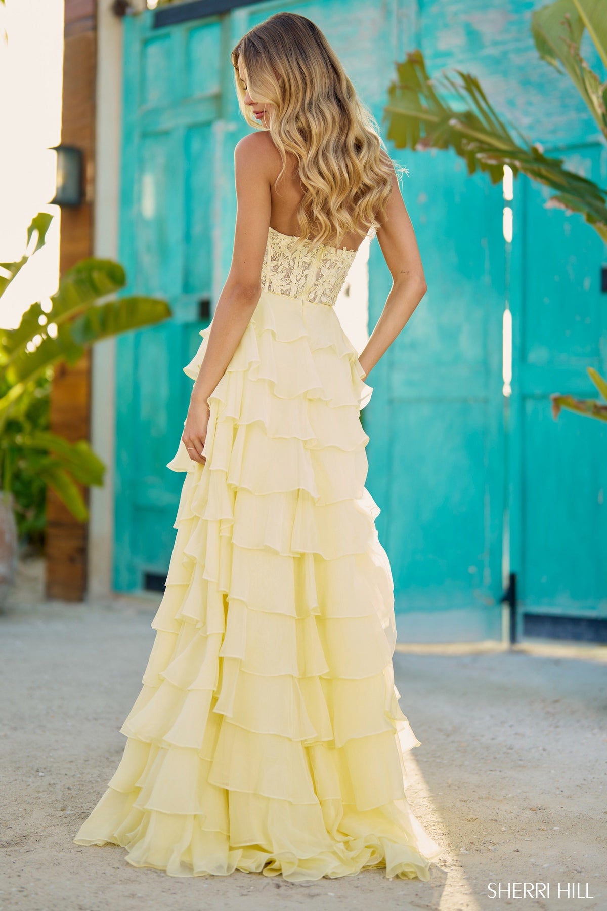 Sherri Hill 56083 leaf lace high neckline gown