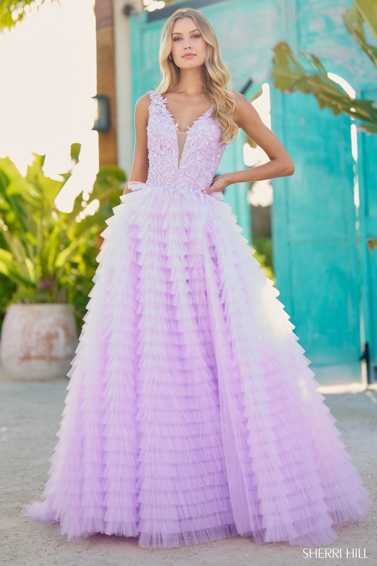 Sherri Hill 56086 ruffle tulle ball gown in lilac