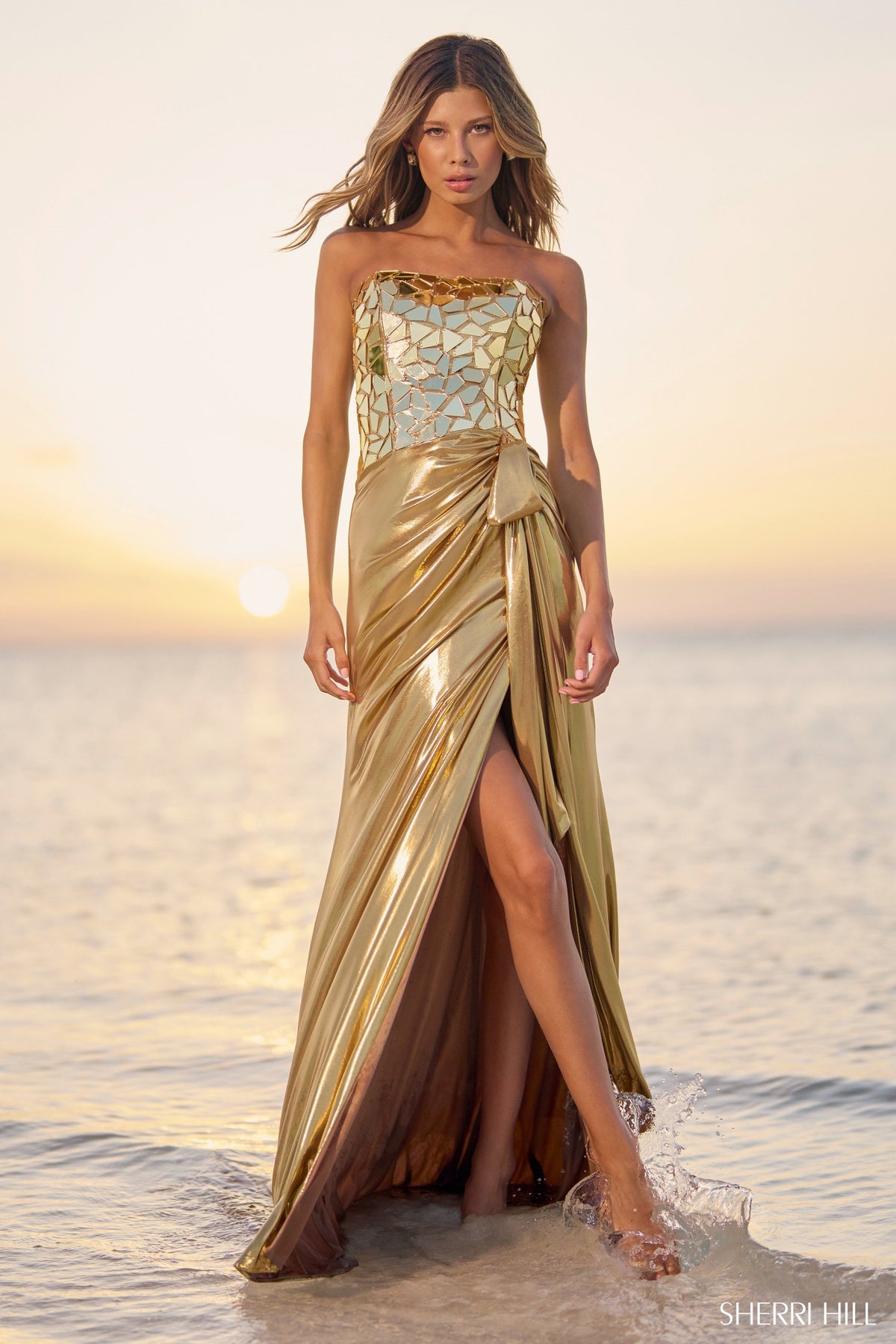 Sherri Hill 56094 strapless metallic gown in gold