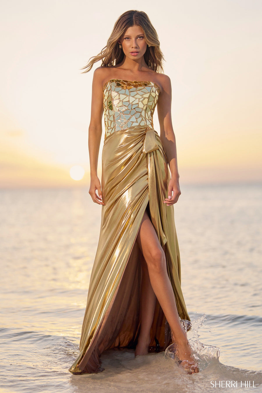 Sherri Hill style 56094 in gold, Strapless Metallic Gown