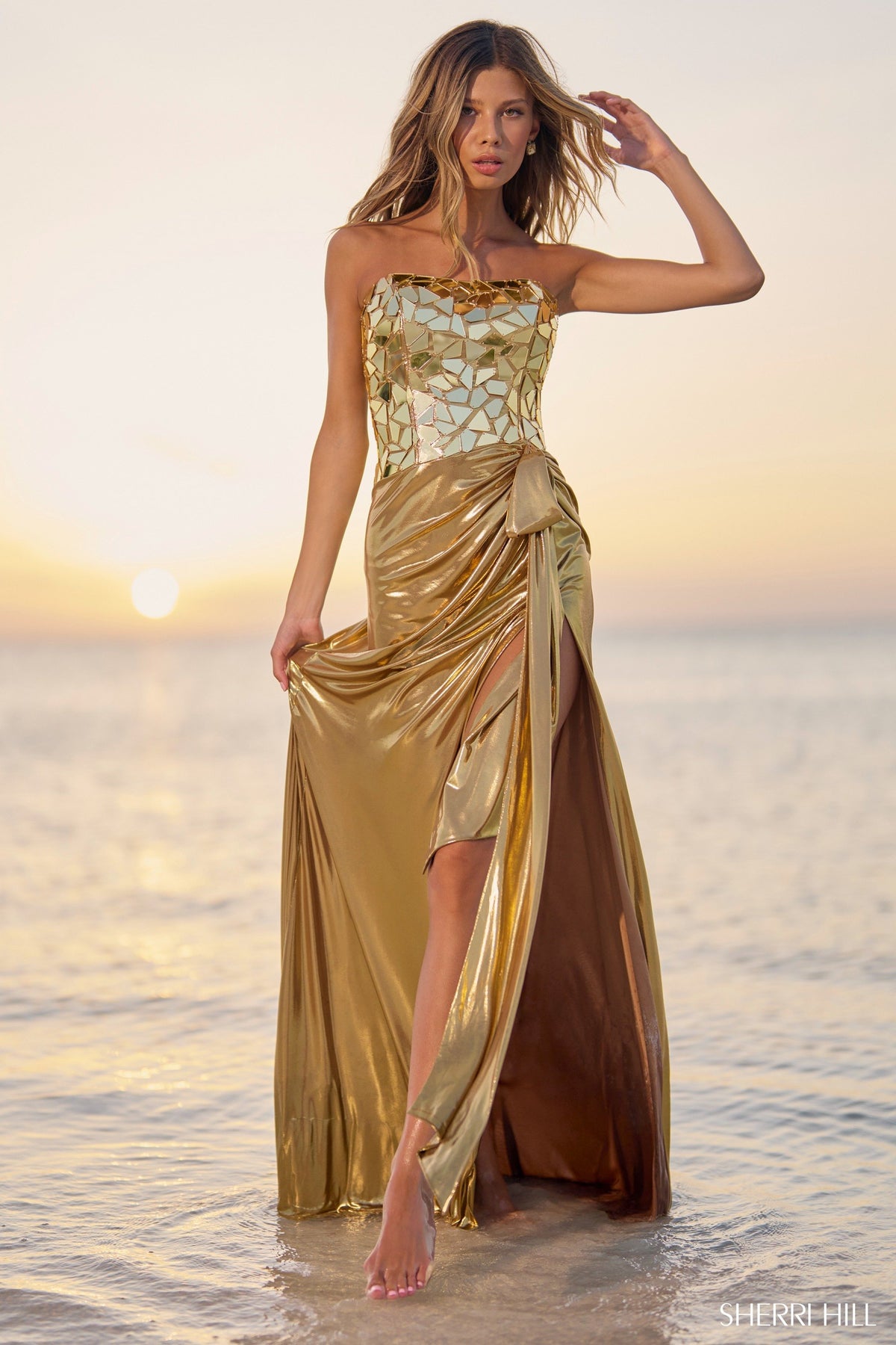 Sherri Hill 56094 strapless metallic gown