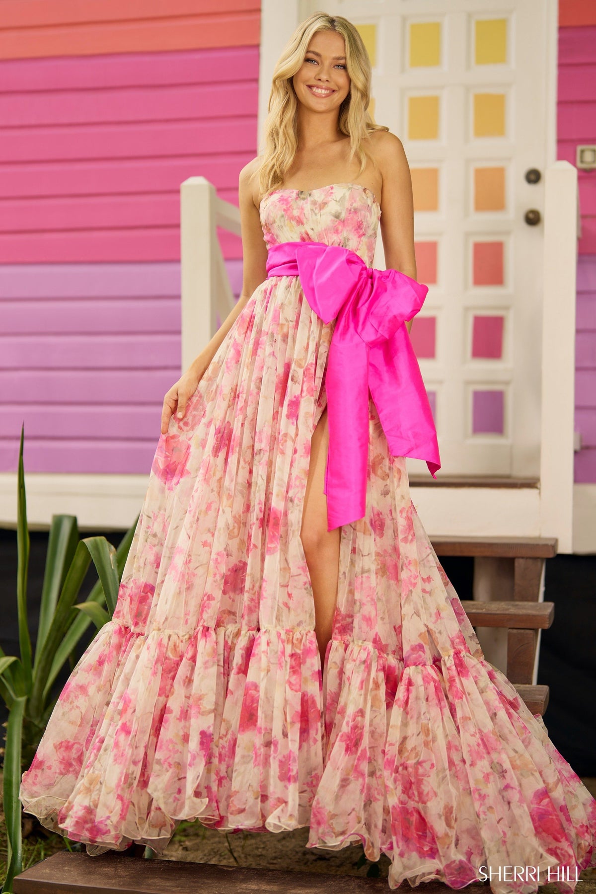 Sherri Hill 56110 strapless organza floral print gown in hot pink with yellow