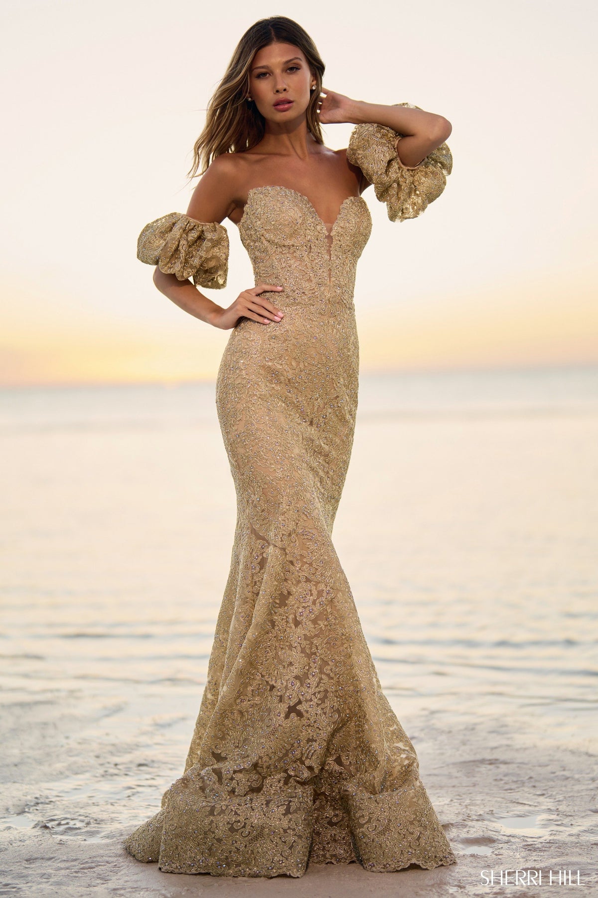 Sherri Hill 56121 strapless metallic lace gown