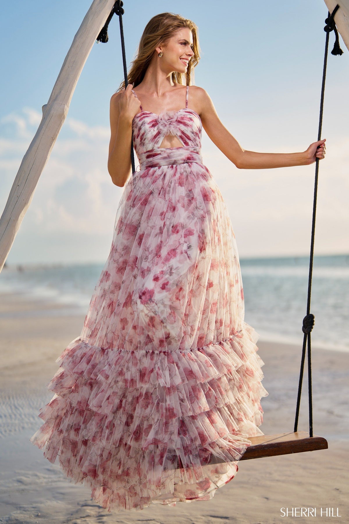 Sherri Hill 56172 tulle A-line floral gown in rose print