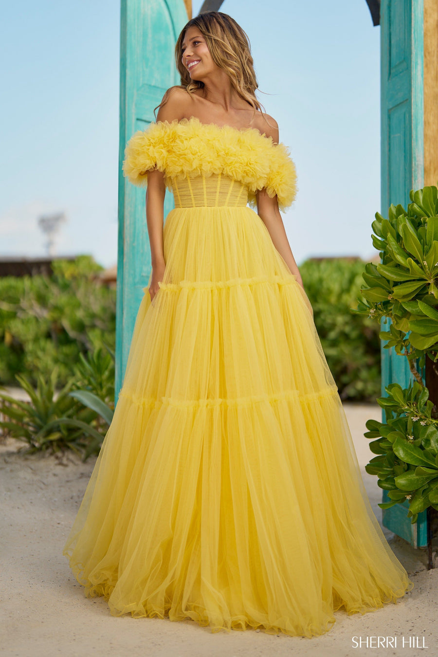 Sherri Hill style 56173 in yellow, Tulle A-Line Off the Shoulder Gown
