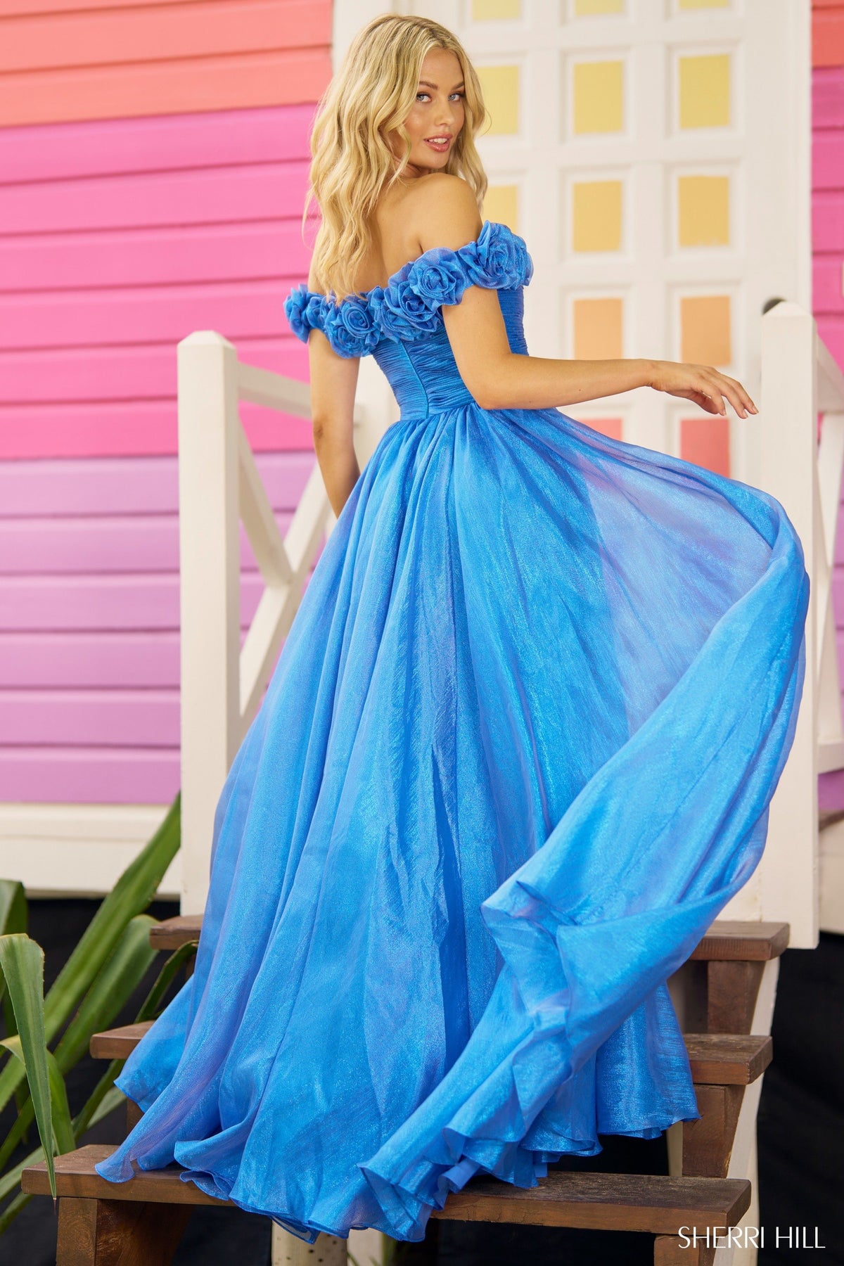 Sherri Hill 56194 sparkle tulle off the shoulder A-line gown