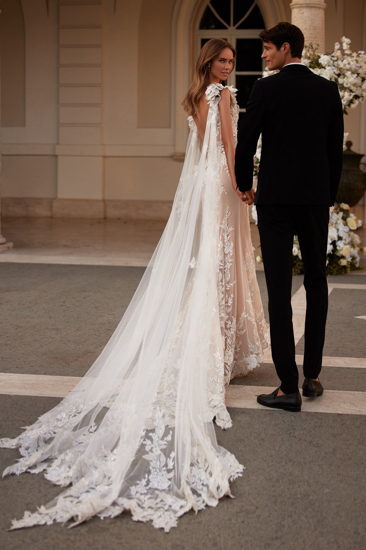 Sherri Hill 81087 V-neck 3D floral appliquéd wedding dress