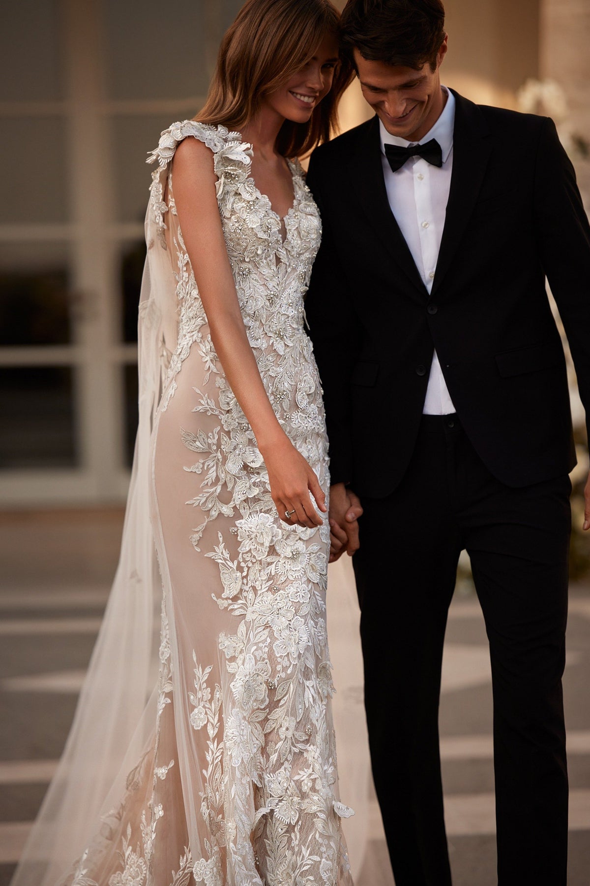 Sherri Hill 81087 V-neck 3D floral appliquéd wedding dress in ivory