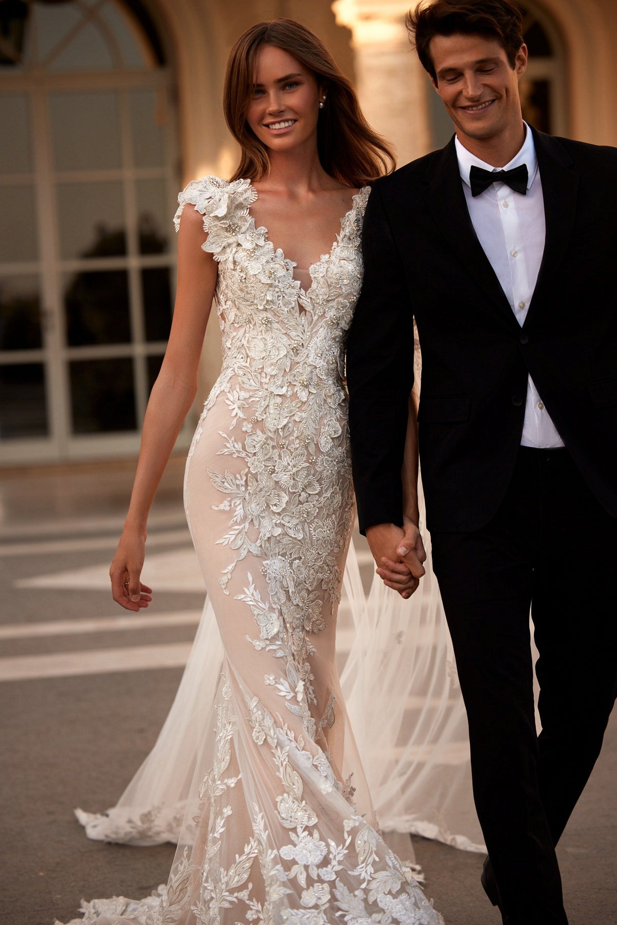 Sherri Hill 81087 V-neck 3D floral appliquéd wedding dress