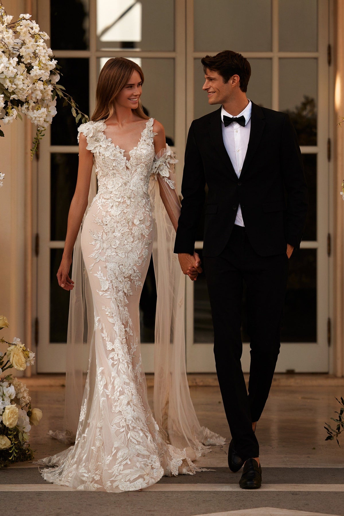 Sherri Hill 81087 V-neck 3D floral appliquéd wedding dress