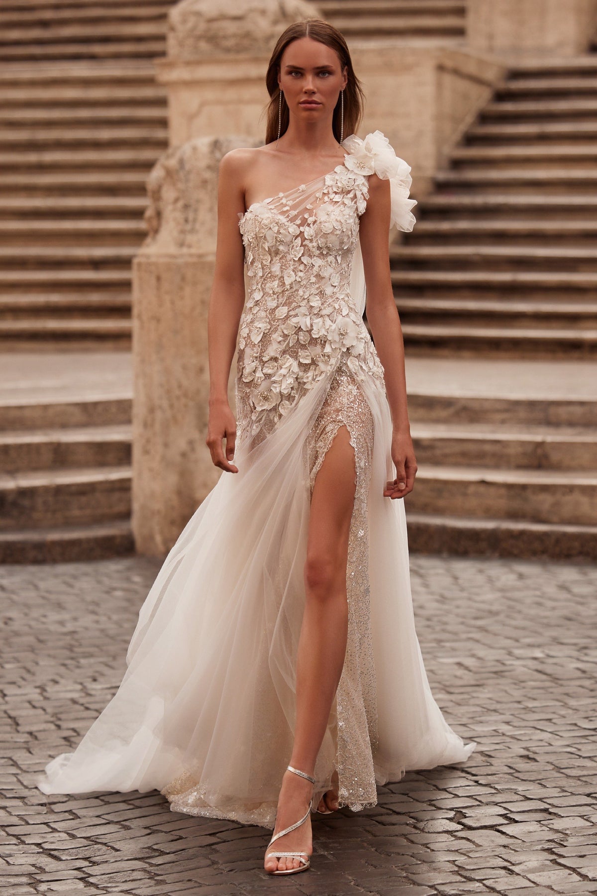 Sherri Hill 81085 one-shoulder 3D floral wedding dress with slit
