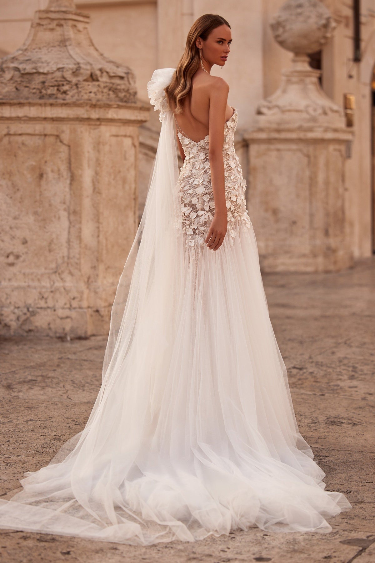 Sherri Hill 81085 one-shoulder 3D floral wedding dress with slit