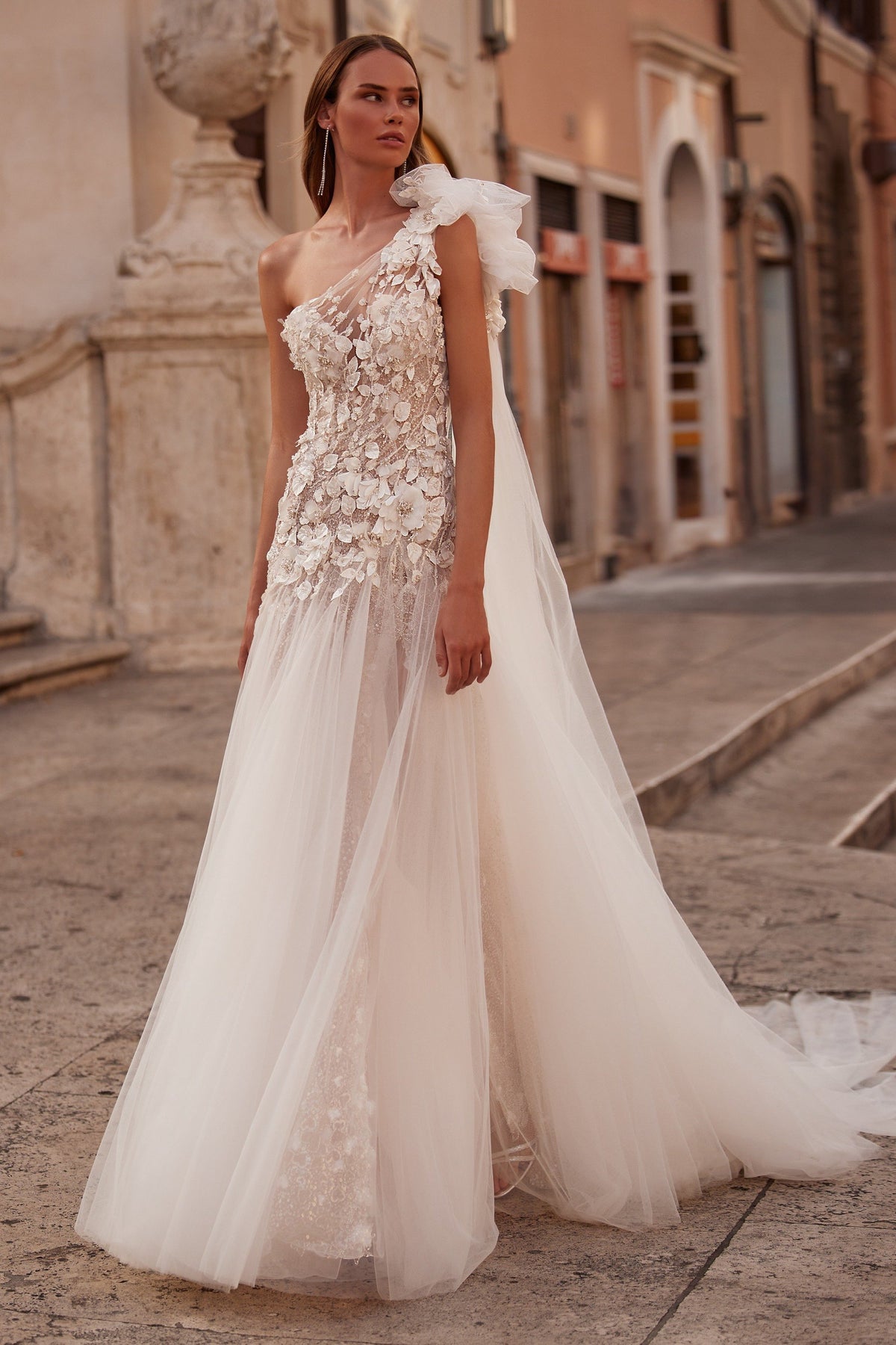 Sherri Hill 81085 one-shoulder 3D floral wedding dress with slit in ivory