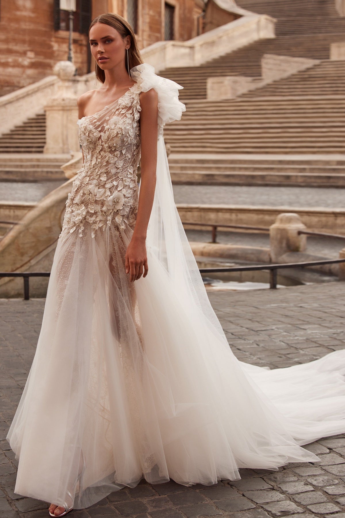 Sherri Hill 81085 one-shoulder 3D floral wedding dress with slit