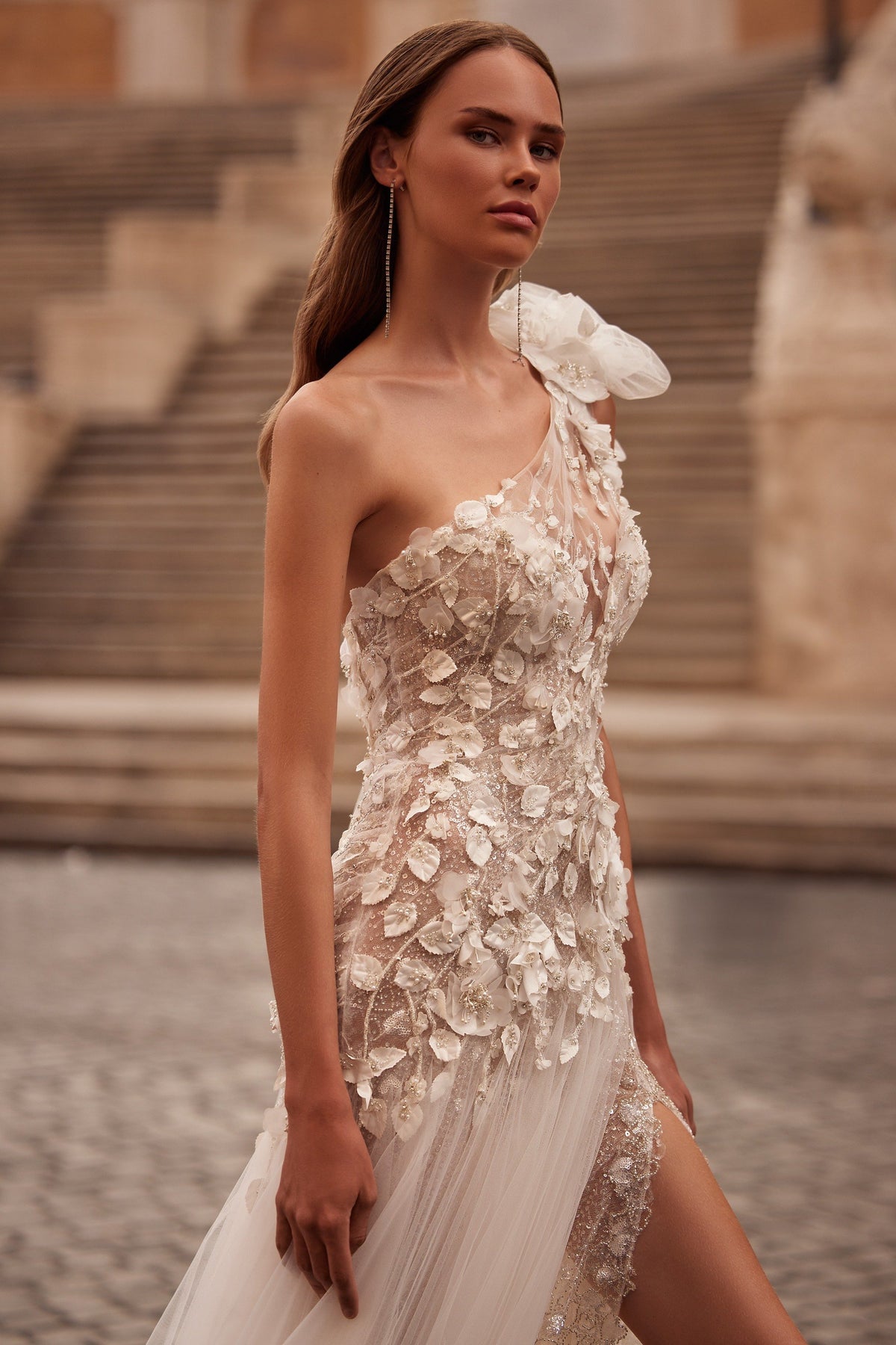 Sherri Hill 81085 one-shoulder 3D floral wedding dress with slit