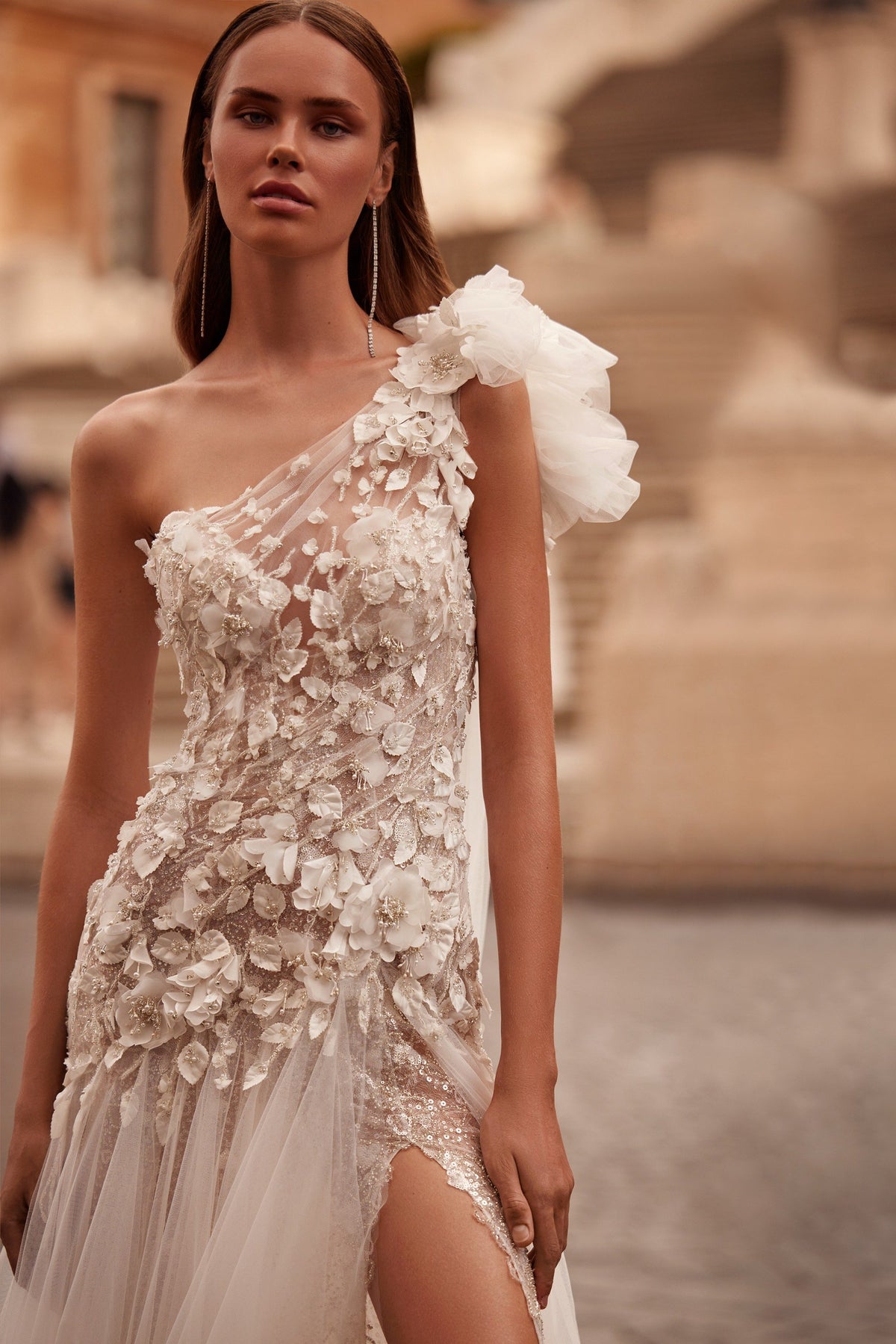 Sherri Hill 81085 one-shoulder 3D floral wedding dress with slit