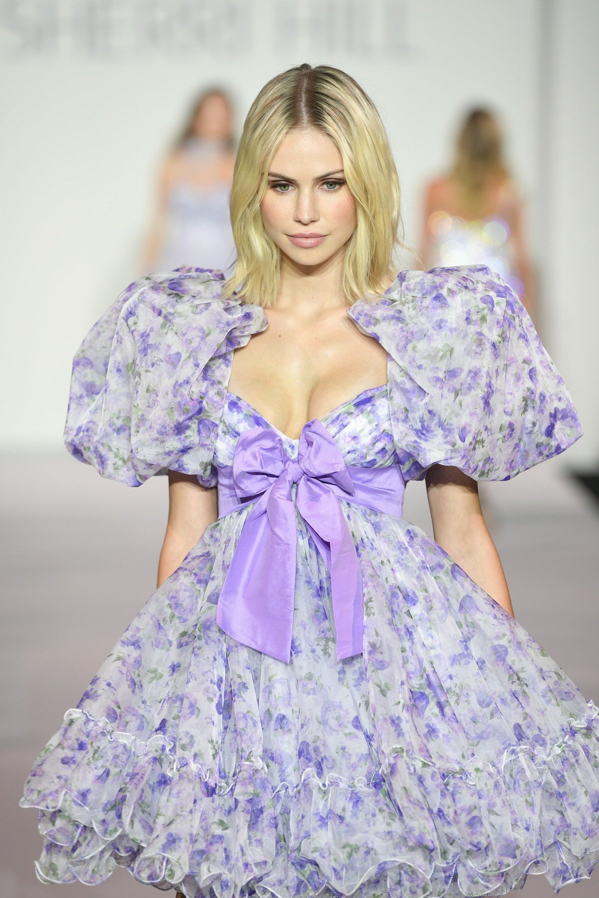 Sherri Hill 56383 organza floral print baby doll dress