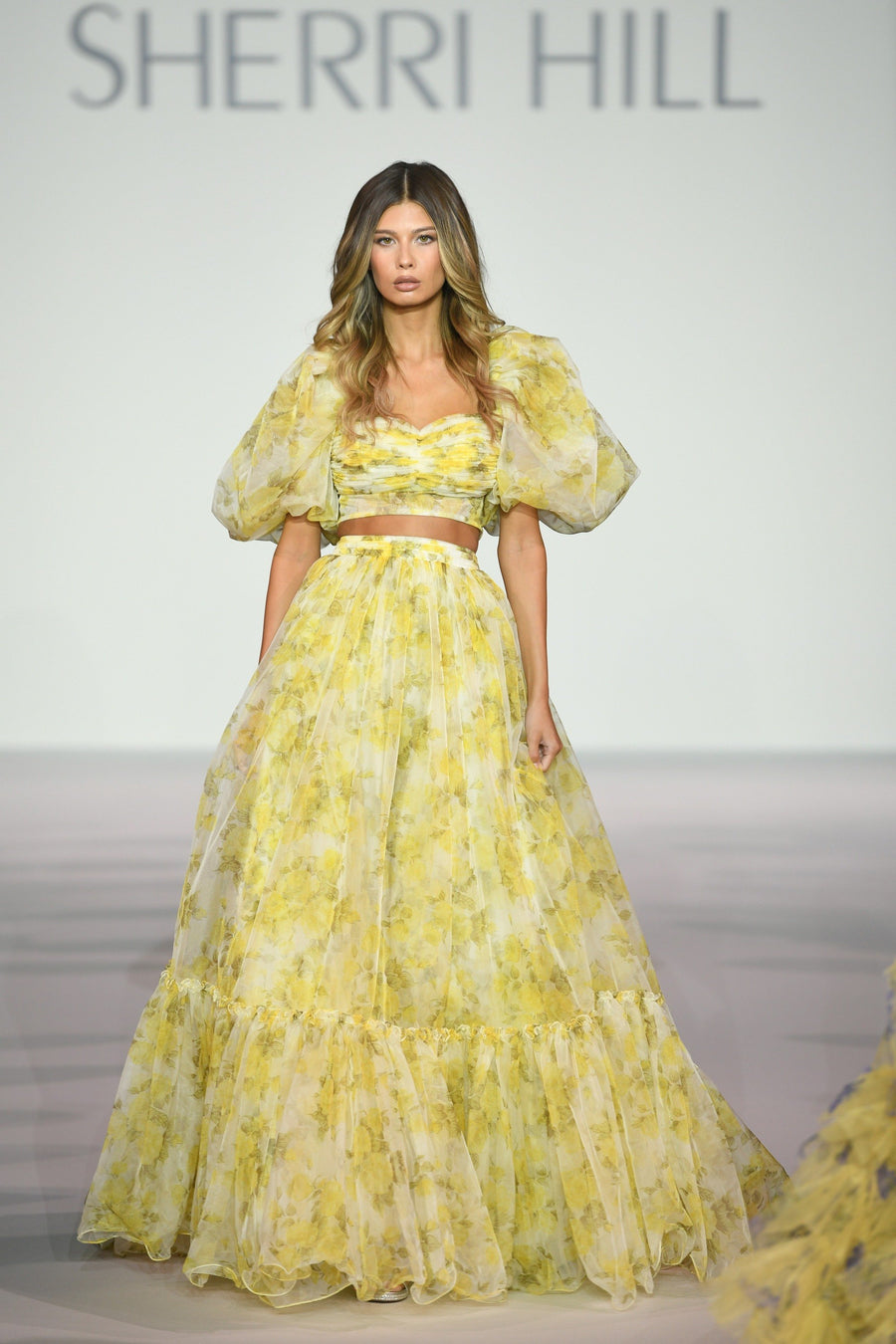 Sherri Hill style 56378 in yellow rose, Organza Two-piece Floral Gown