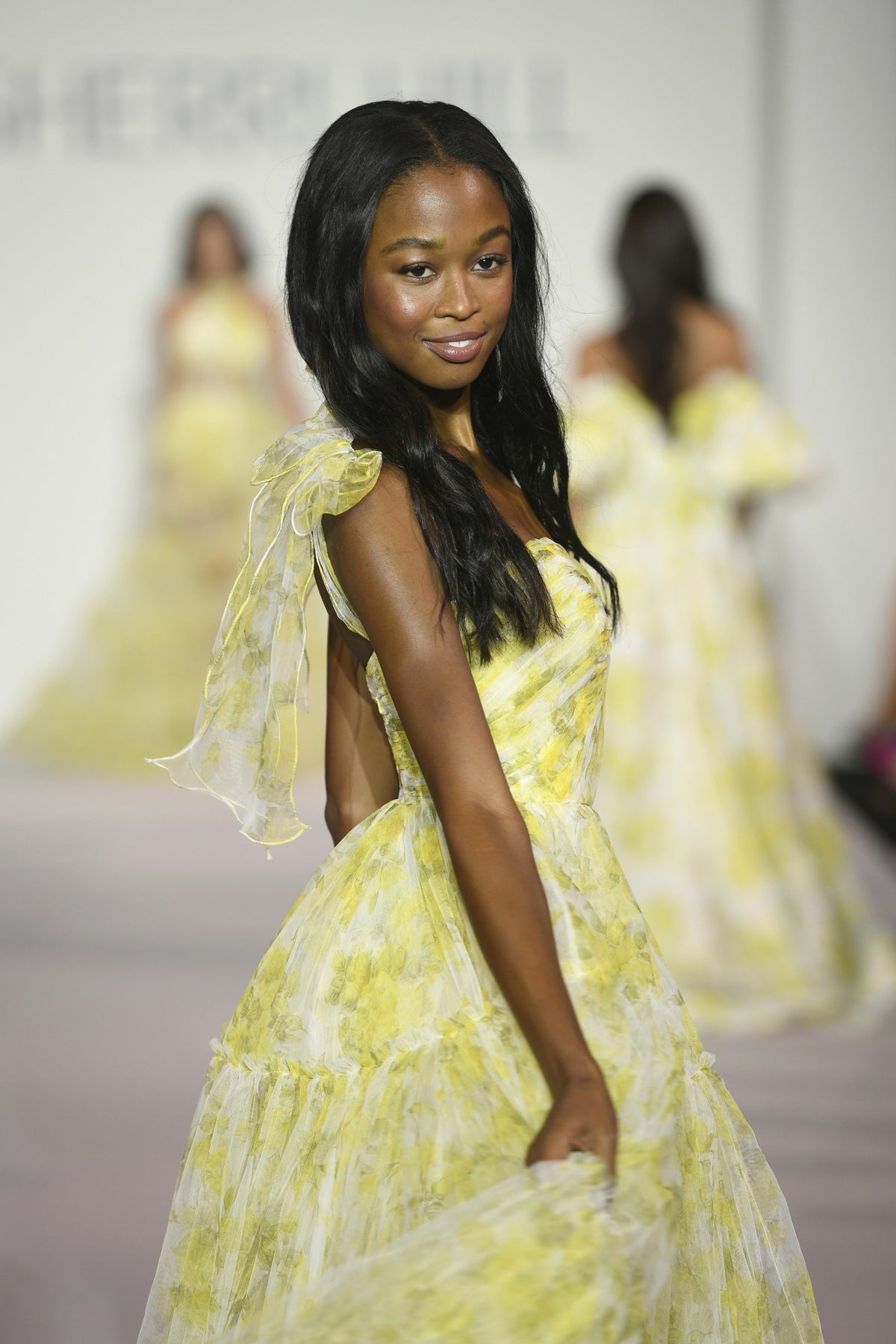 Sherri Hill 56389 floral print tulle gown in yellow print
