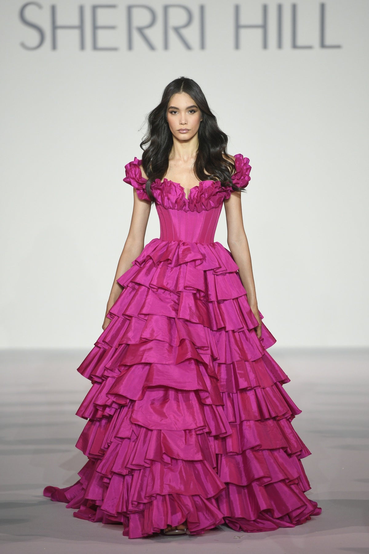 Sherri Hill 56039 taffeta ruffle off the shoulder ball gown in fuchsia