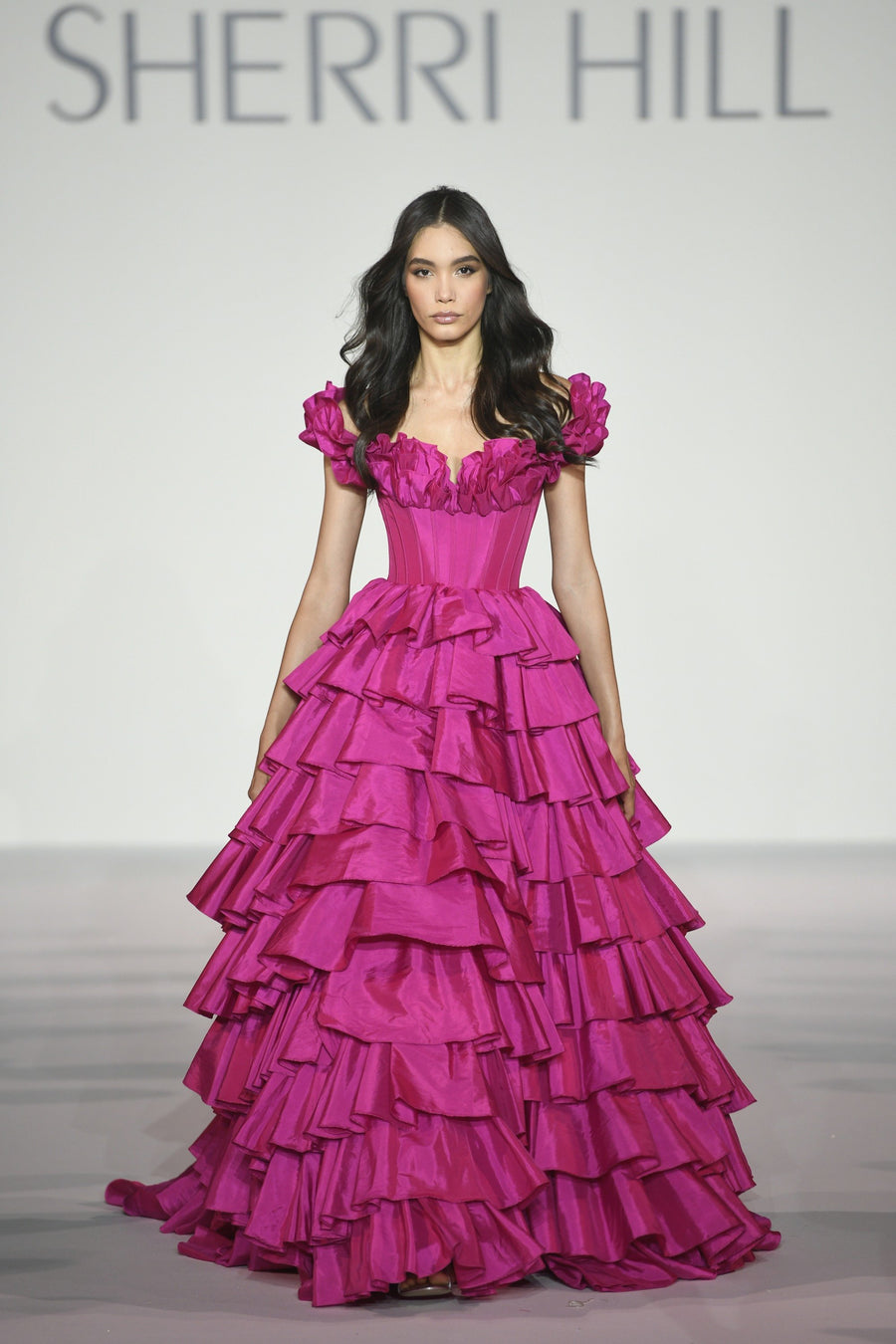 Sherri Hill style 56039 in fuchsia, Taffeta Ruffle Off the Shoulder Ball Gown
