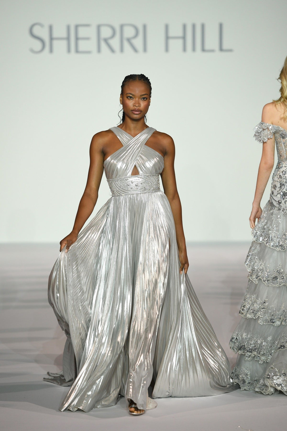 Sherri Hill 56195 pleated metallic gown in silver
