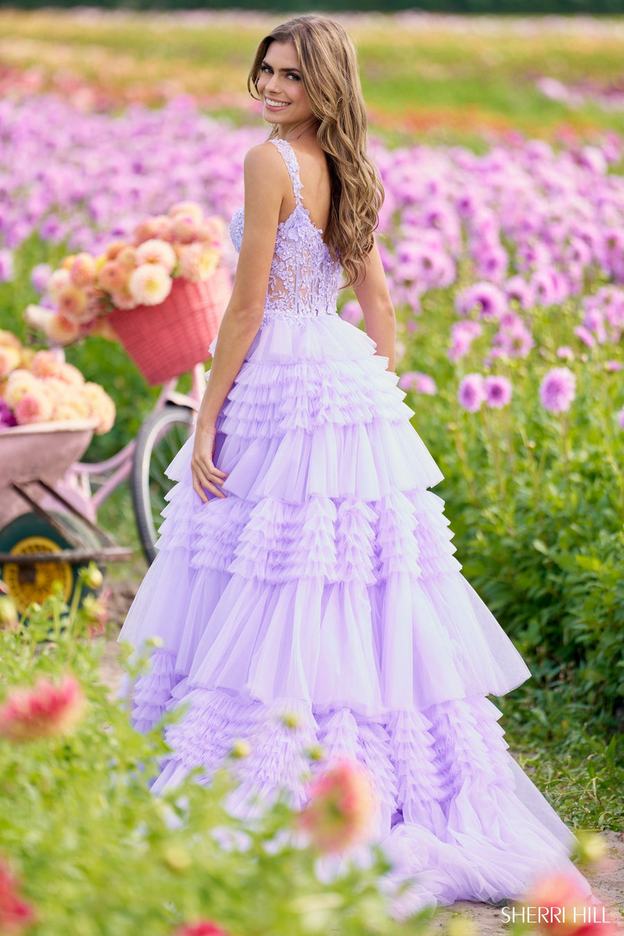 Sherri Hill style 56019 in mauve, Tulle Ruffle Ballgown