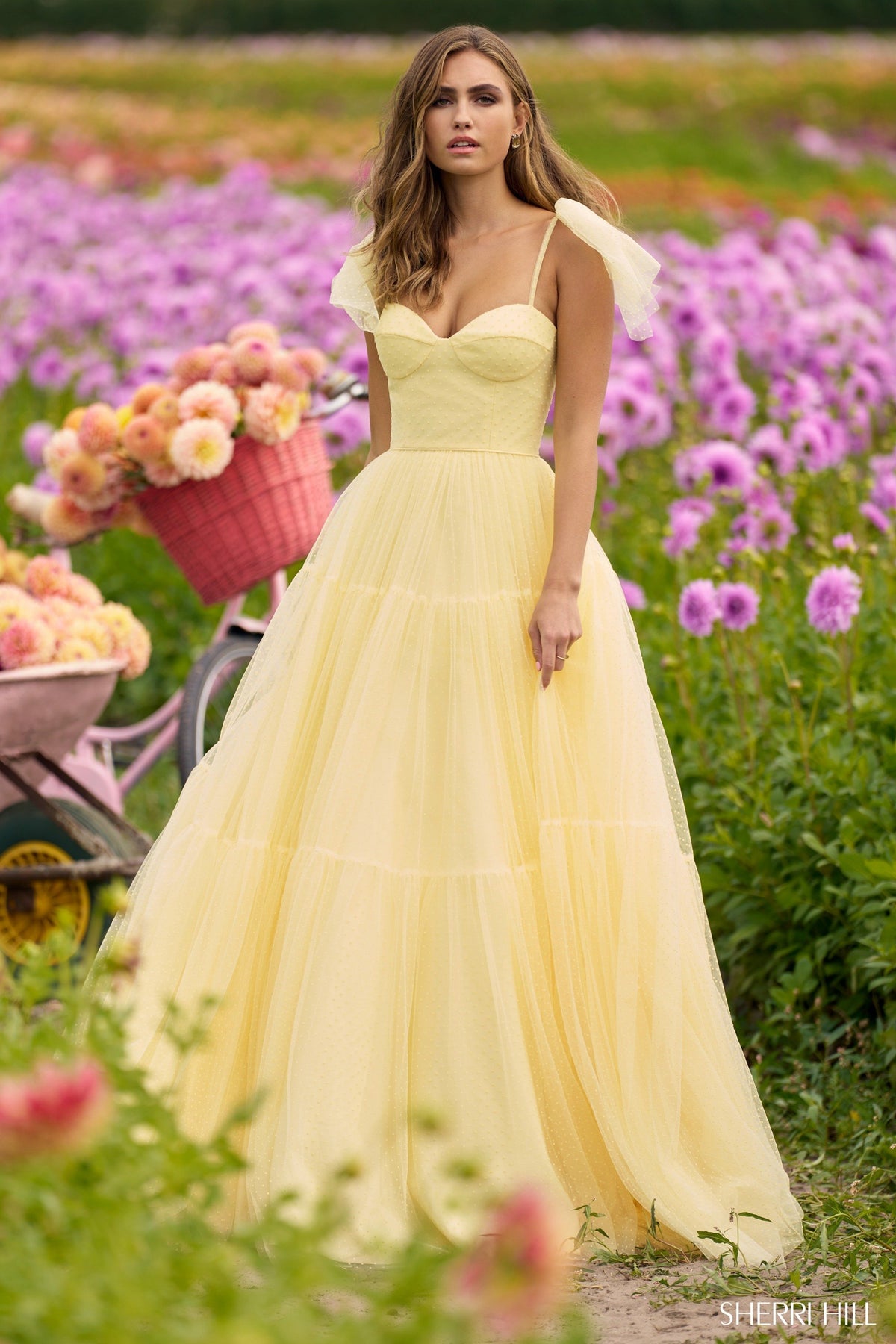 Sherri Hill 56126 swiss dot fabric ballgown in yellow