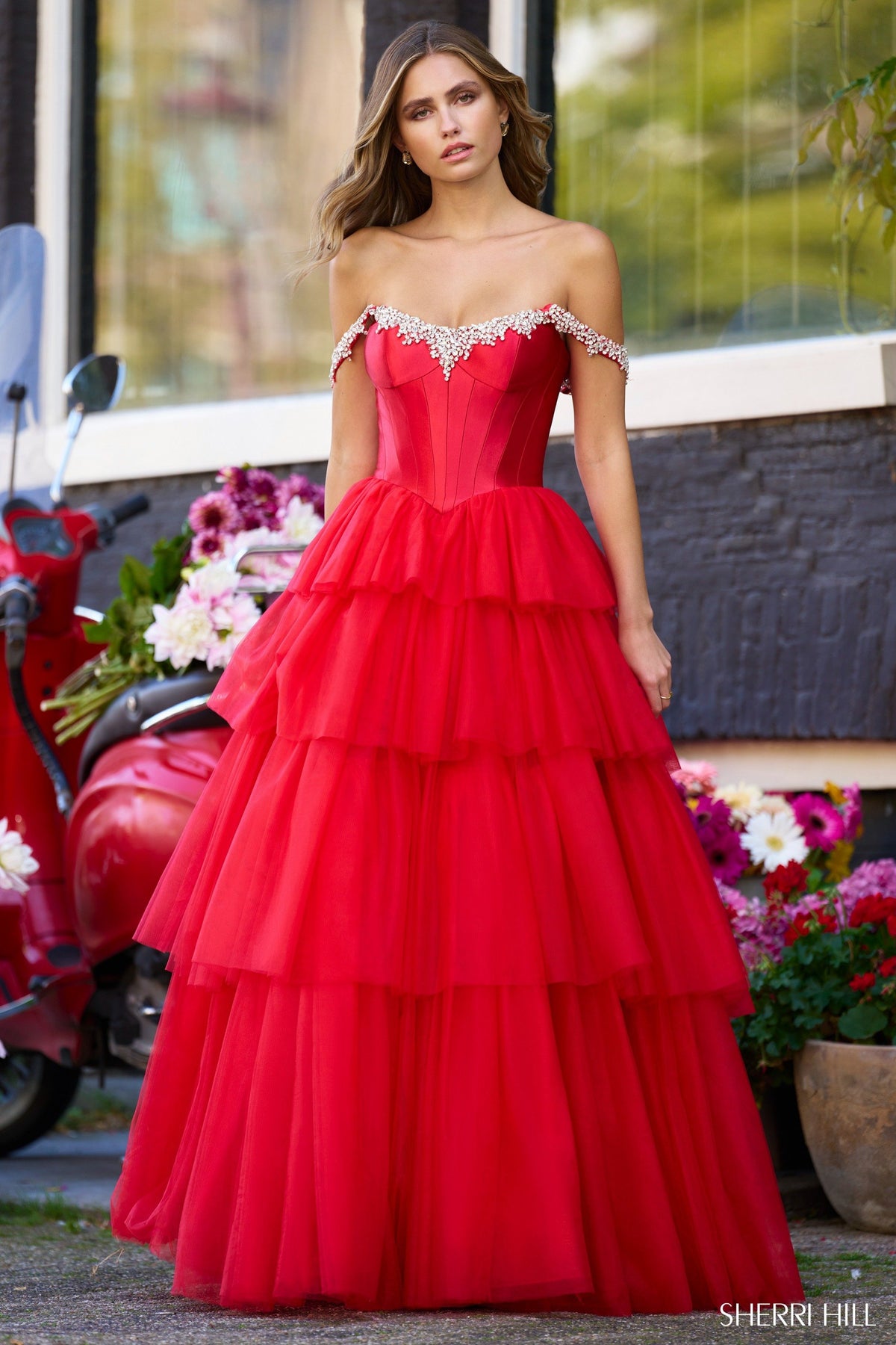 Sherri Hill 56147 off the shoulder ball gown in red