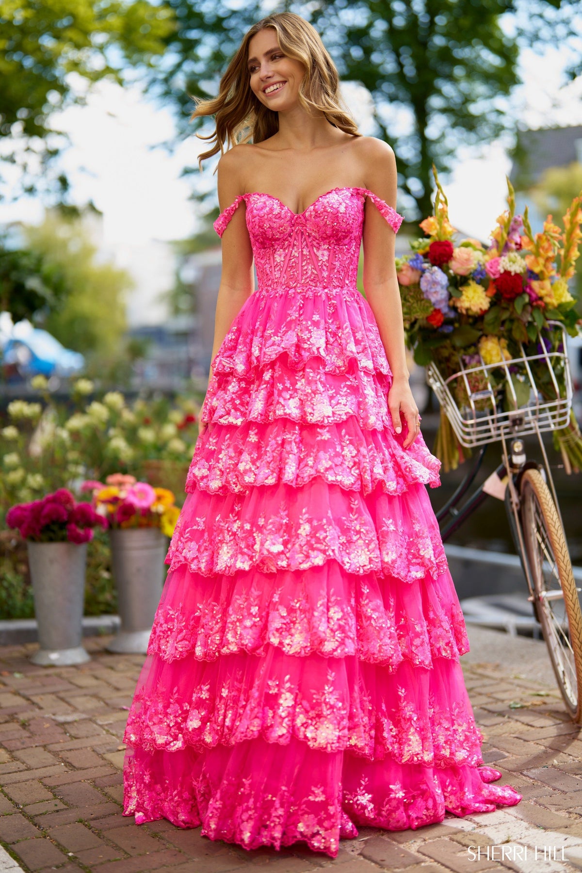 Sherri Hill 56196 ruffle tulle lace sequin ball gown in fuchsia
