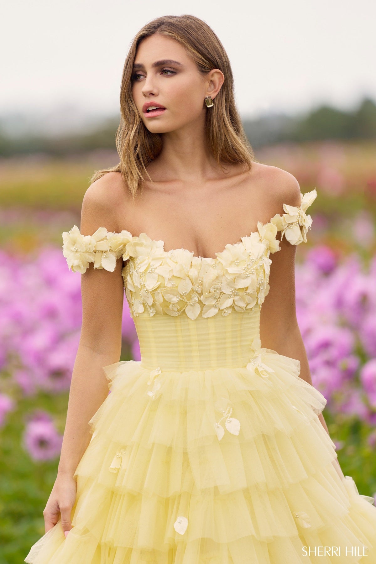 Sherri Hill 56199 off the shoulder 3D floral tulle ballgown in yellow