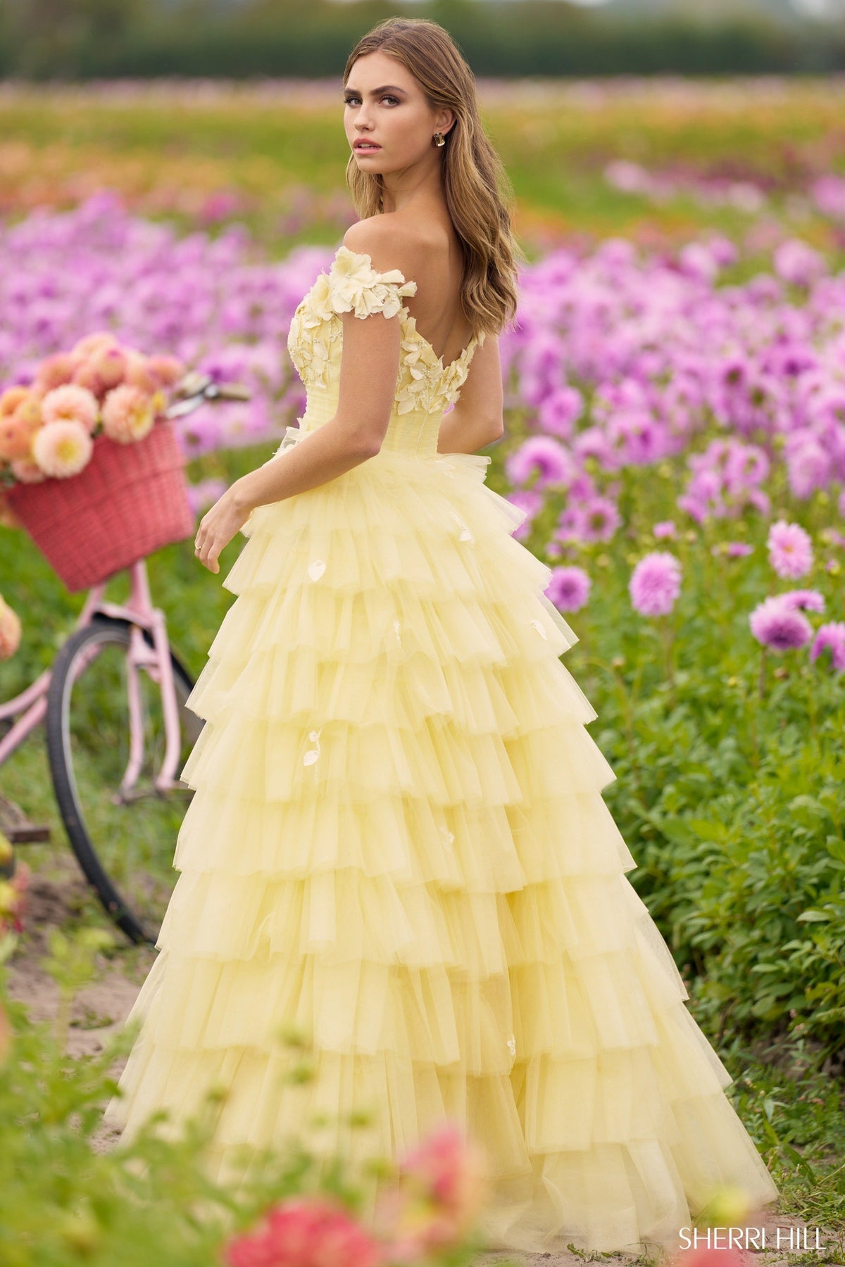 Sherri Hill 56199 off the shoulder 3D floral tulle ballgown