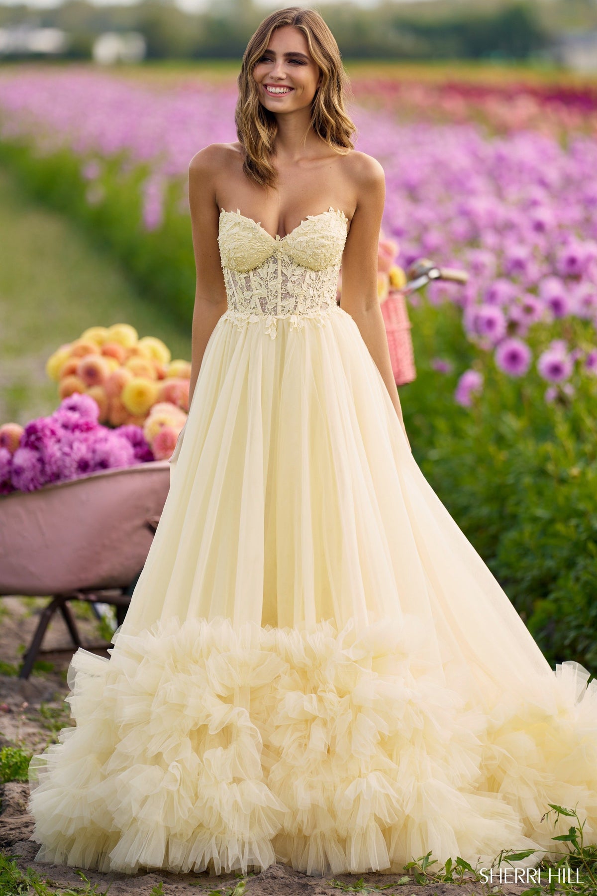 Sherri Hill 56270 strapless leaf lace ball gown