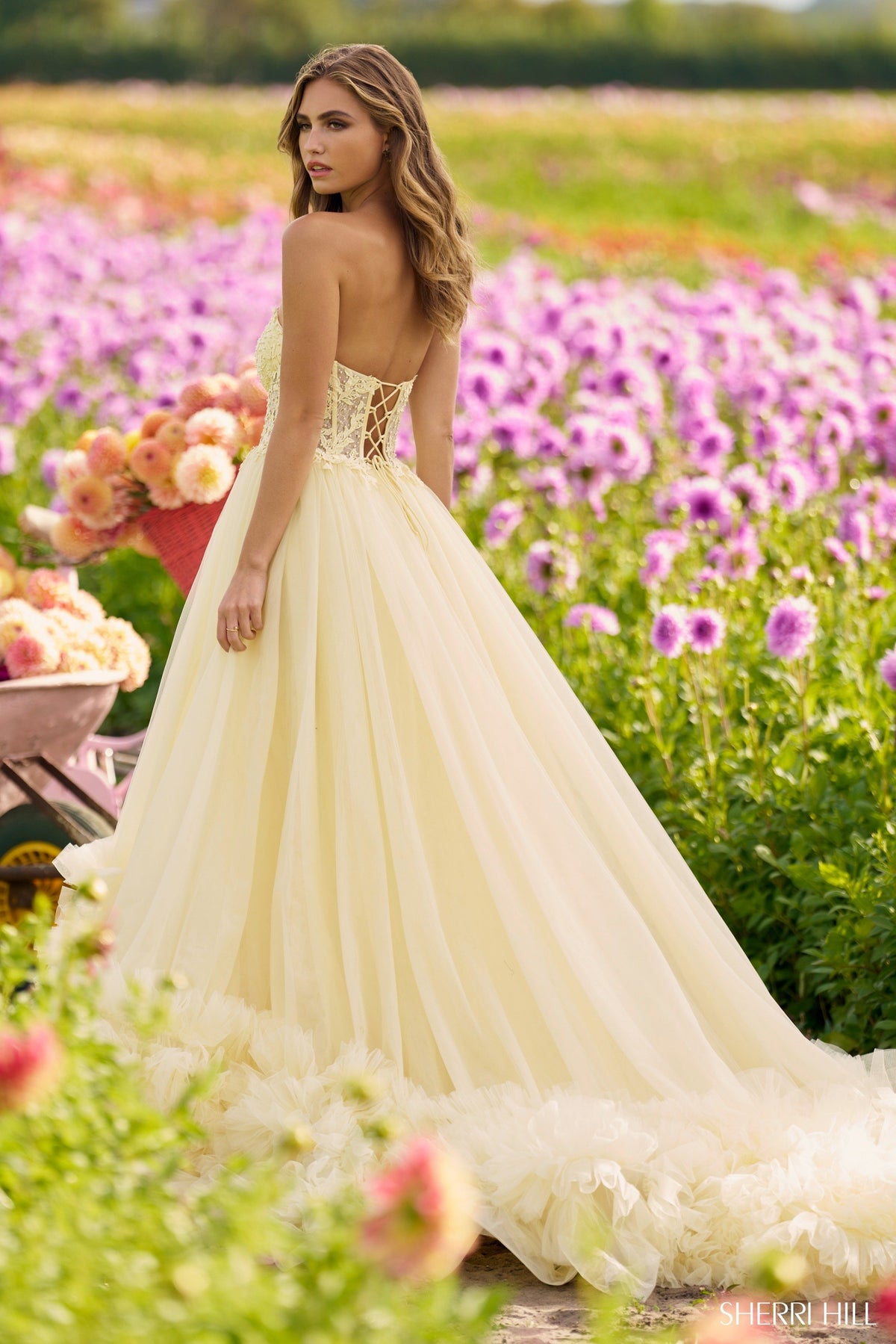 Sherri Hill 56270 strapless leaf lace ball gown