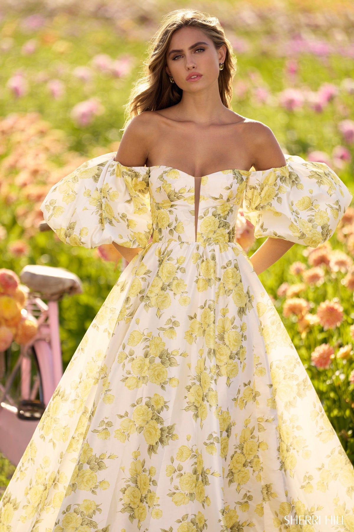 Sherri Hill 56379 off the shoulder floral print ball gown