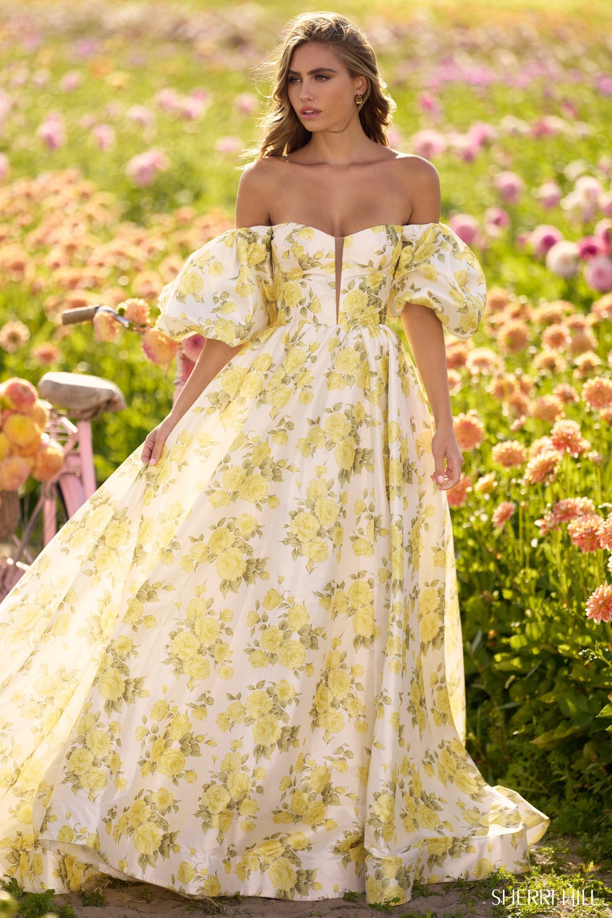 Sherri Hill 56379 off the shoulder floral print ball gown