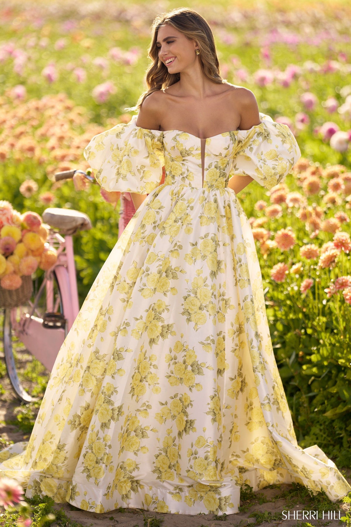Sherri Hill 56379 off the shoulder floral print ball gown