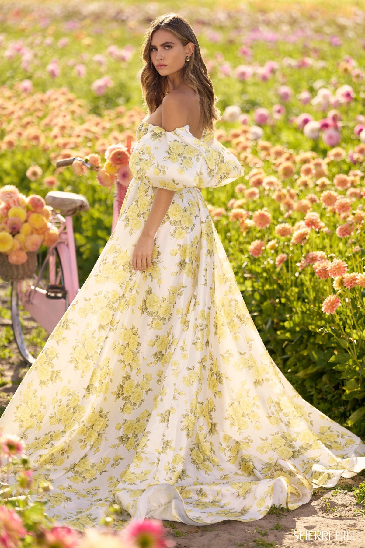 Sherri Hill 56379 off the shoulder floral print ball gown