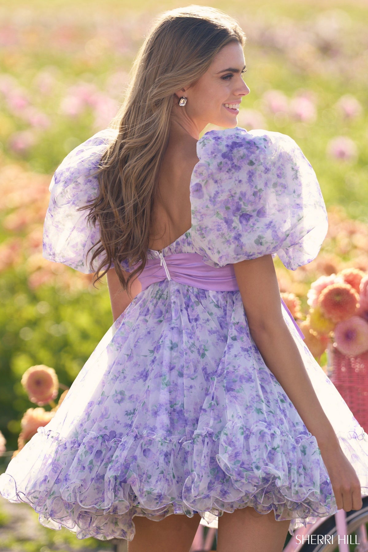Sherri Hill 56383 organza floral print baby doll dress