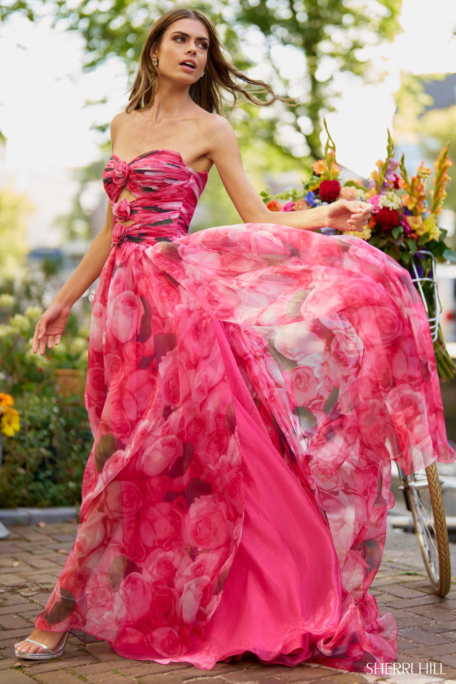 Sherri Hill style 56241 in rose print, Strapless Floral A-Line Gown