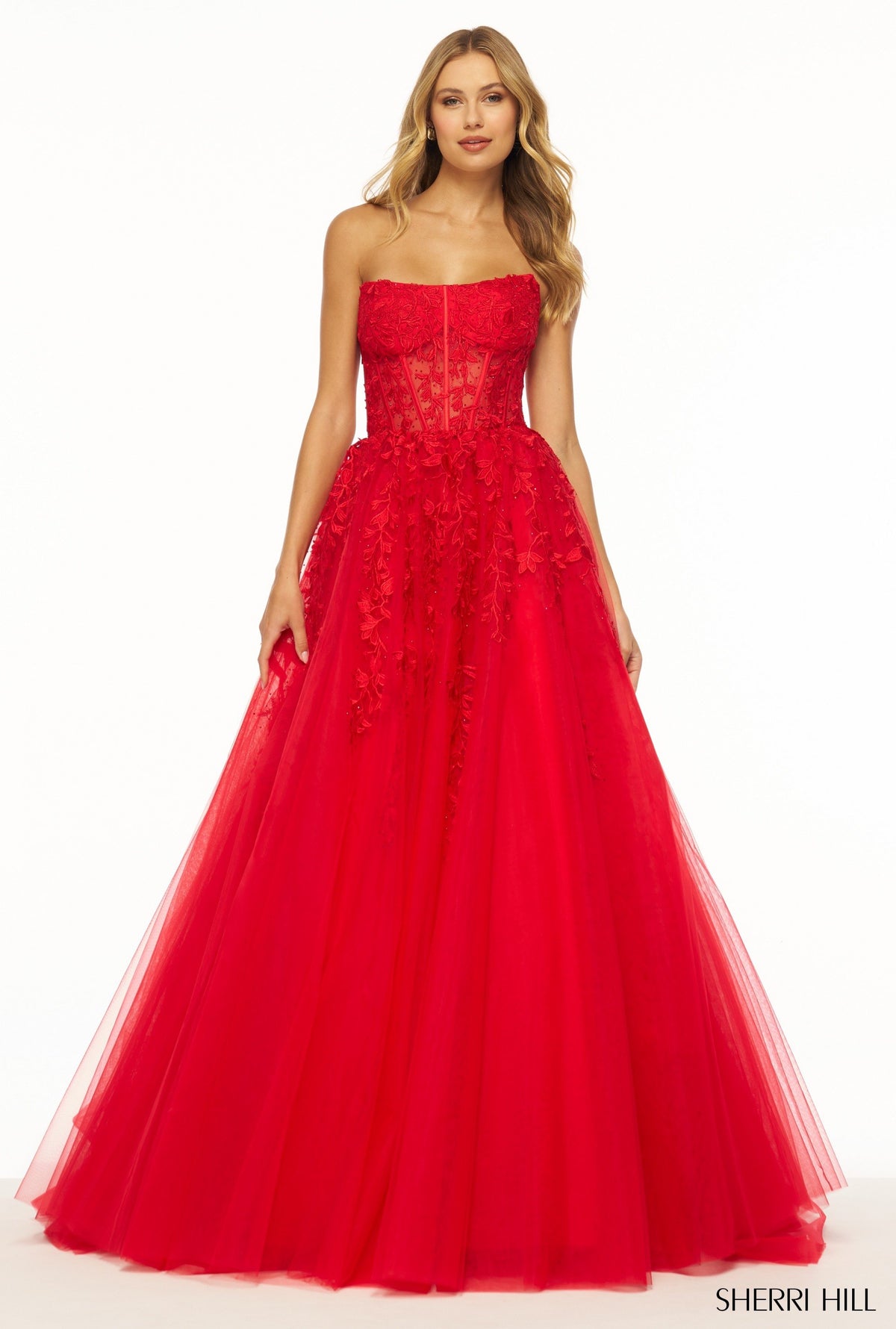 Sherri Hill 55993 strapless leaf lace ball gown