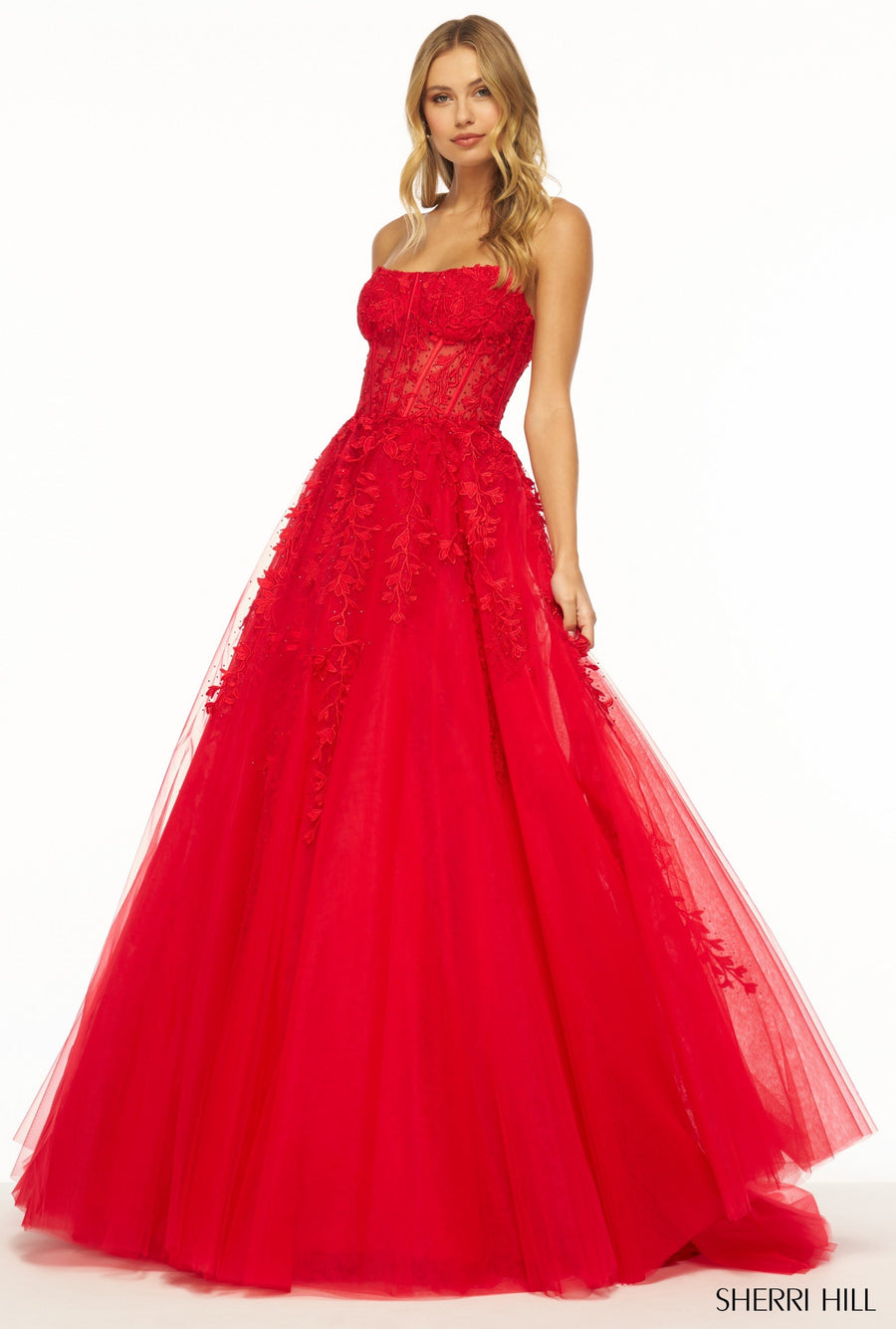 Sherri Hill style 55993 in ivory/nude, Strapless Leaf Lace Ball Gown