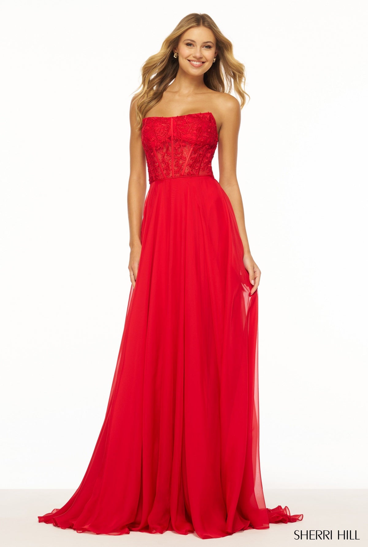 Sherri Hill 56088 strapless leaf lace corset gown