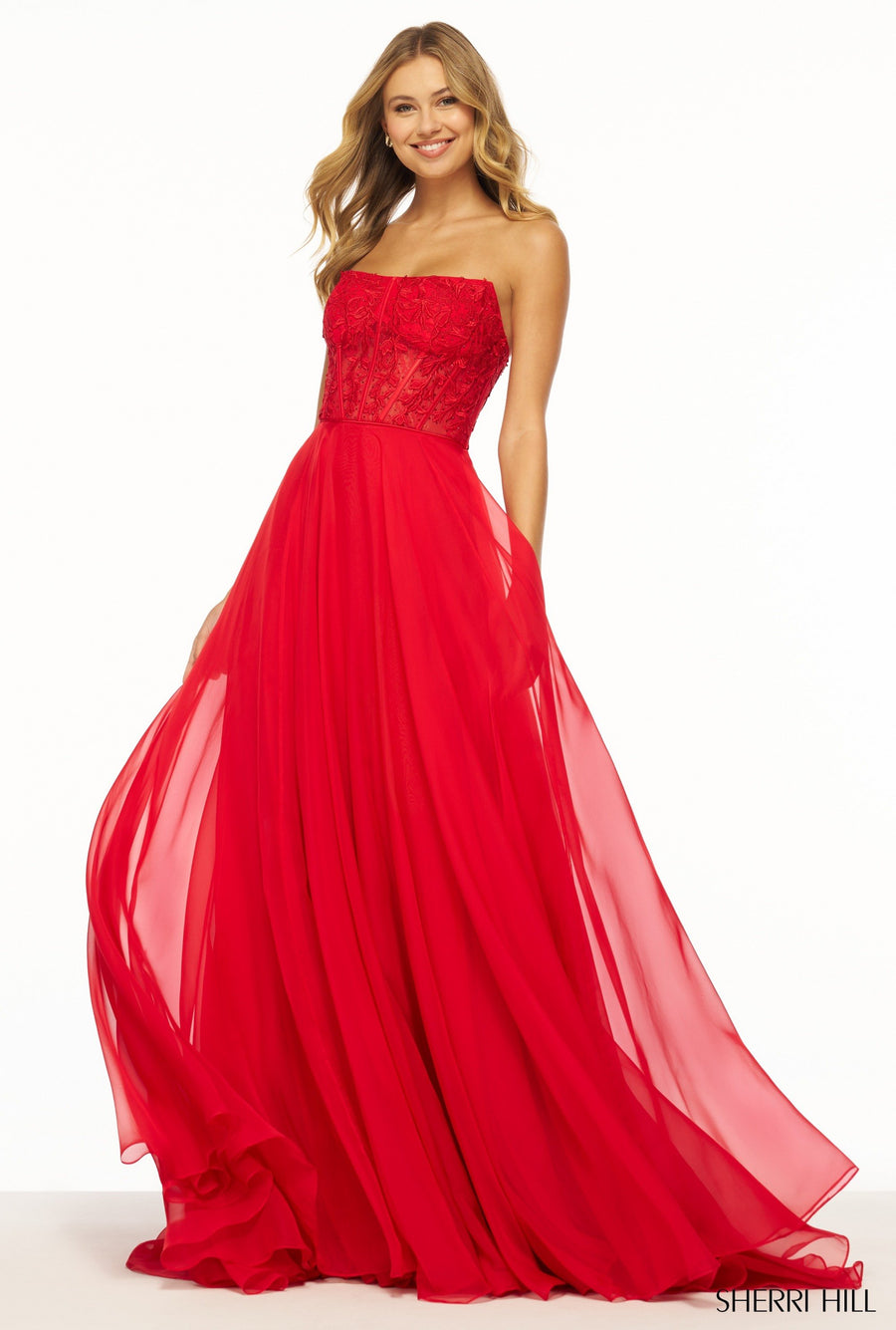 Sherri Hill style 56088 in light blue, Strapless Leaf Lace Corset Gown