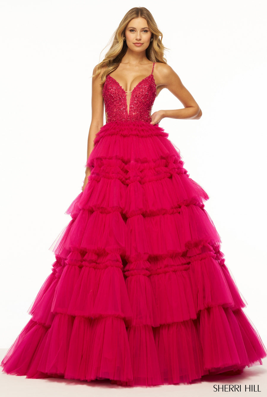 Sherri Hill style 56102 in light blue, Ruffle Tulle Ballgown